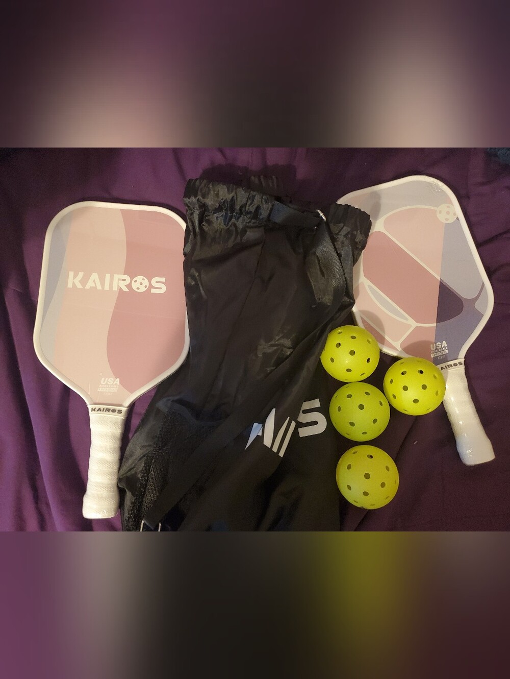 Kairos set of two Pickleball paddles, four pickballs and Bag